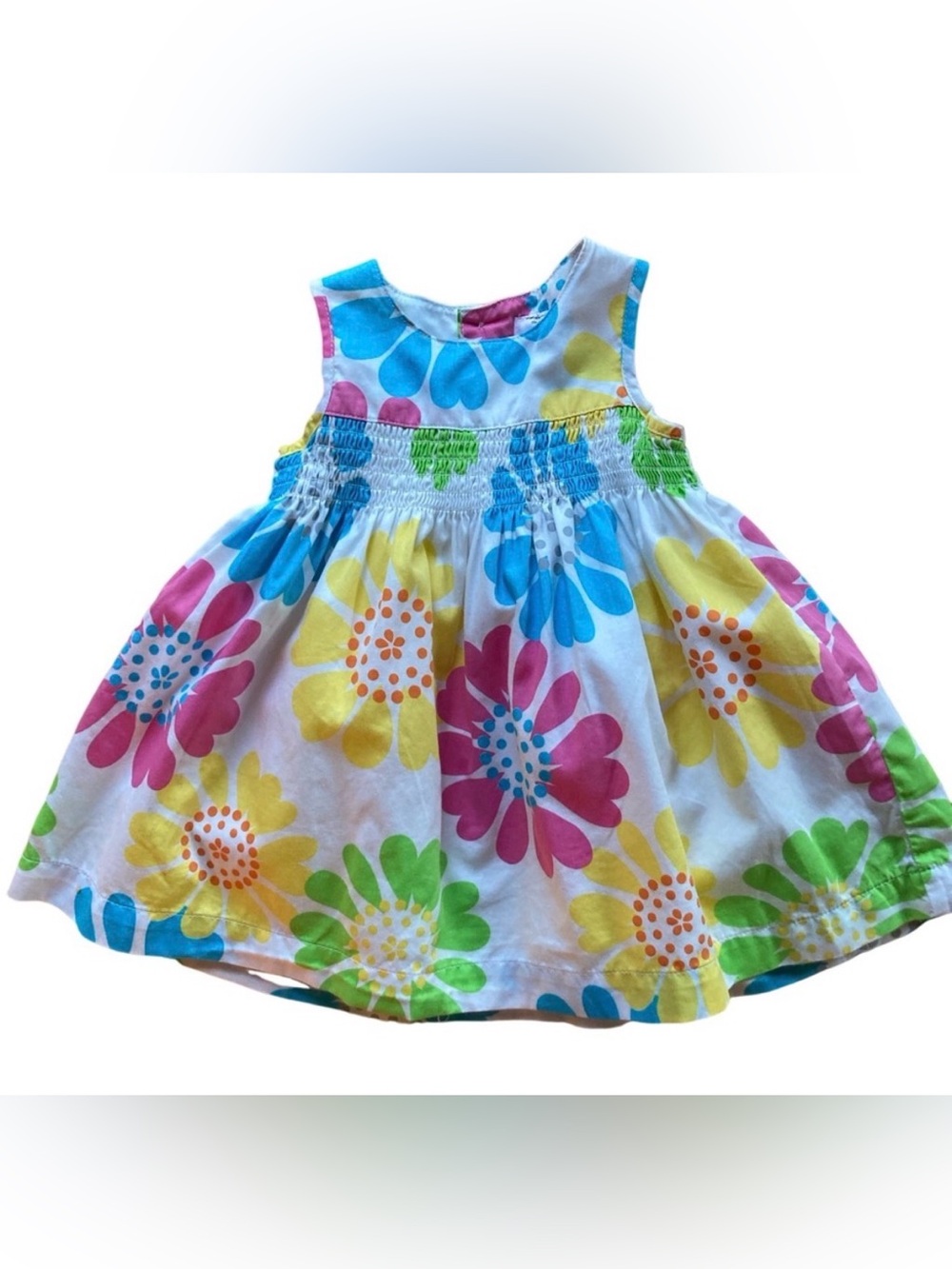 Carters 6 mos Cotton Lined Sleeveless Smocked Dress Pink Yellow Blue Big Floral
